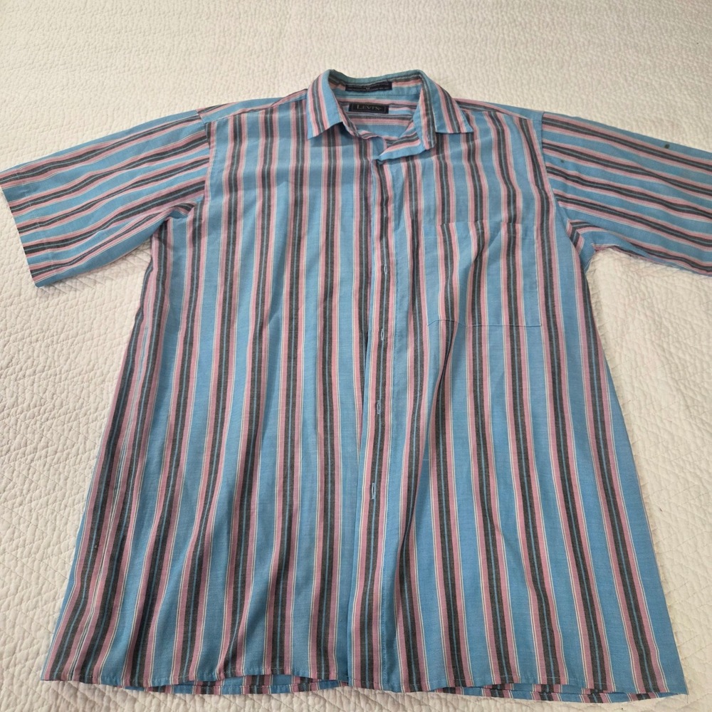 Levis Mens Vintage 90s Short Sleeve Striped Button Down Shirt Blue Pink Medium